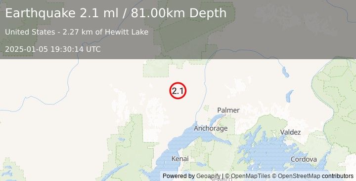 Earthquake 3 km NE of Skwentna, Alaska (2.1 ml) (2025-01-05 19:30:14 UTC)