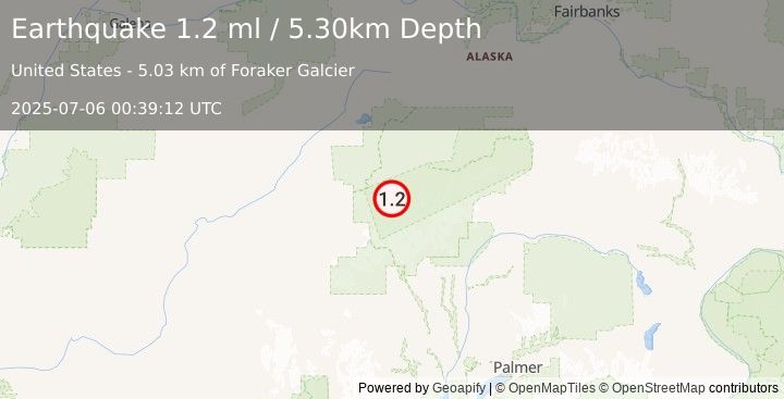 Earthquake 41 km S of Denali National Park, Alaska (1.2 ml) (2025-07-06 00:39:12 UTC)