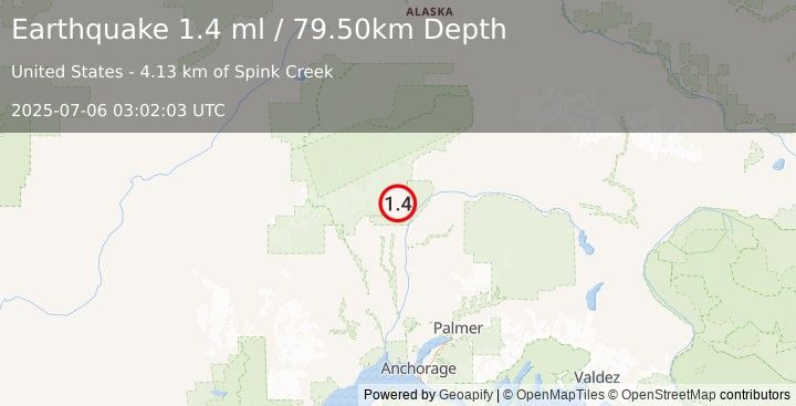 Earthquake 35 km NNW of Chase, Alaska (1.4 ml) (2025-07-06 03:02:03 UTC)