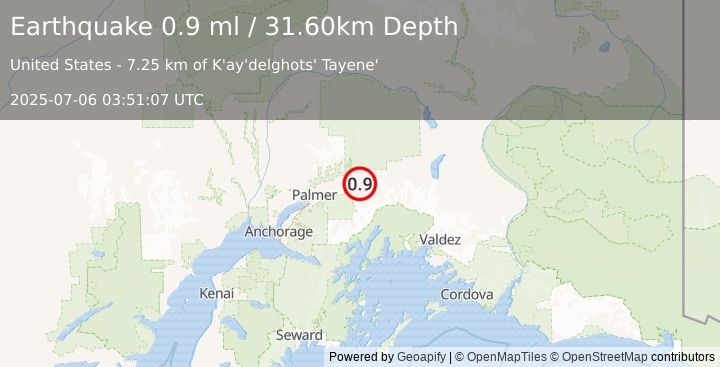 Earthquake 20 km ESE of Chickaloon, Alaska (0.9 ml) (2025-07-06 03:51:07 UTC)