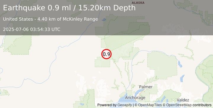Earthquake 70 km WNW of Petersville, Alaska (0.9 ml) (2025-07-06 03:54:33 UTC)