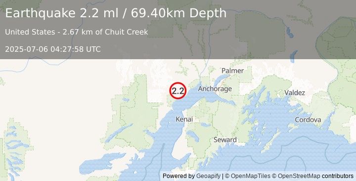 Earthquake 24 km WNW of Tyonek, Alaska (2.2 ml) (2025-07-06 04:27:58 UTC)
