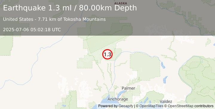 Earthquake 29 km NNE of Petersville, Alaska (1.3 ml) (2025-07-06 05:02:18 UTC)