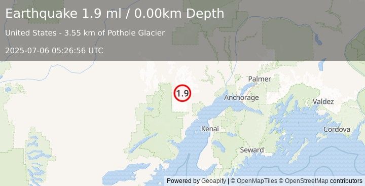 Earthquake 75 km WNW of Tyonek, Alaska (1.9 ml) (2025-07-06 05:26:56 UTC)