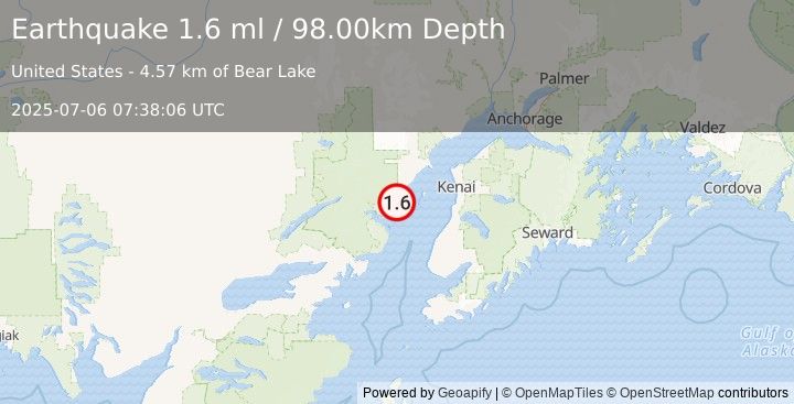 Earthquake 57 km NW of Ninilchik, Alaska (1.6 ml) (2025-07-06 07:38:06 UTC)