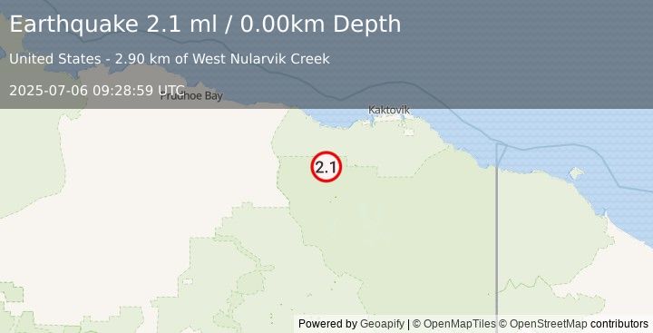 Earthquake 78 km SW of Kaktovik, Alaska (2.1 ml) (2025-07-06 09:28:59 UTC)