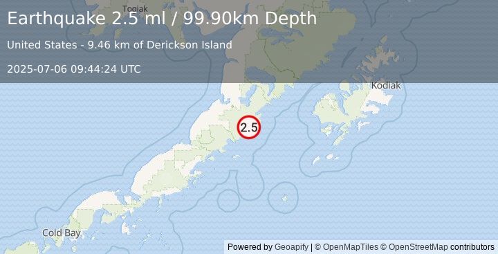 Earthquake 62 km SE of Ugashik, Alaska (2.5 ml) (2025-07-06 09:44:24 UTC)