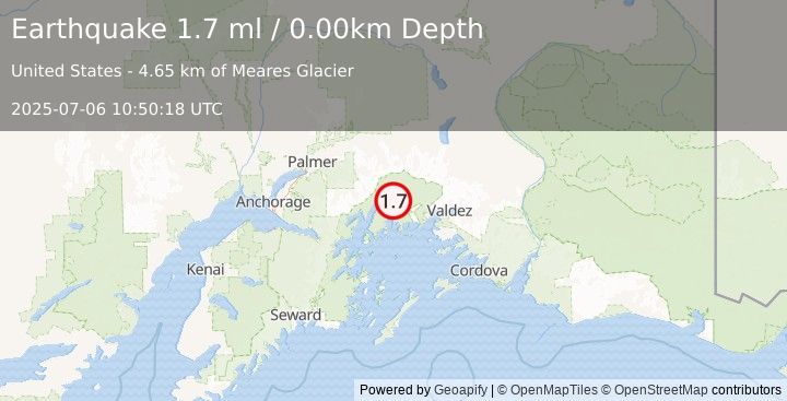 Earthquake 58 km NW of Tatitlek, Alaska (1.7 ml) (2025-07-06 10:50:18 UTC)