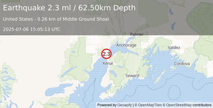 Earthquake 22 km N of Nikiski, Alaska (2.3 ml) (2025-07-06 15:05:13 UTC)