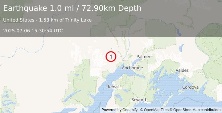 Earthquake 43 km S of Skwentna, Alaska (1.0 ml) (2025-07-06 15:30:54 UTC)