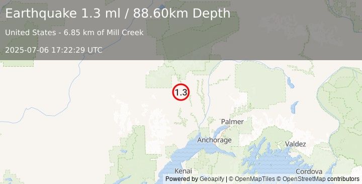 Earthquake 24 km N of Skwentna, Alaska (1.3 ml) (2025-07-06 17:22:29 UTC)
