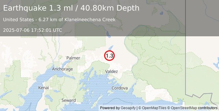 Earthquake 37 km SSE of Nelchina, Alaska (1.3 ml) (2025-07-06 17:52:01 UTC)