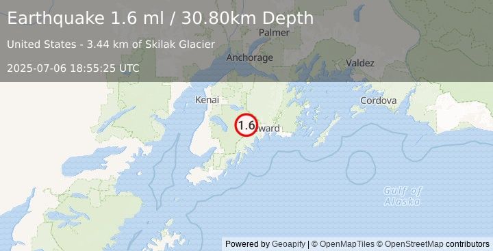 Earthquake 31 km W of Seward, Alaska (1.6 ml) (2025-07-06 18:55:25 UTC)