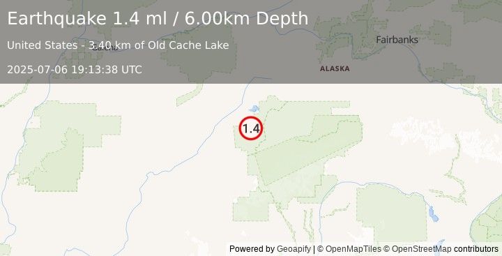 Earthquake 28 km S of Lake Minchumina, Alaska (1.4 ml) (2025-07-06 19:13:38 UTC)