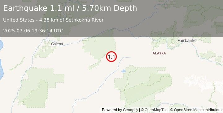 Earthquake 63 km NW of Lake Minchumina, Alaska (1.1 ml) (2025-07-06 19:36:14 UTC)