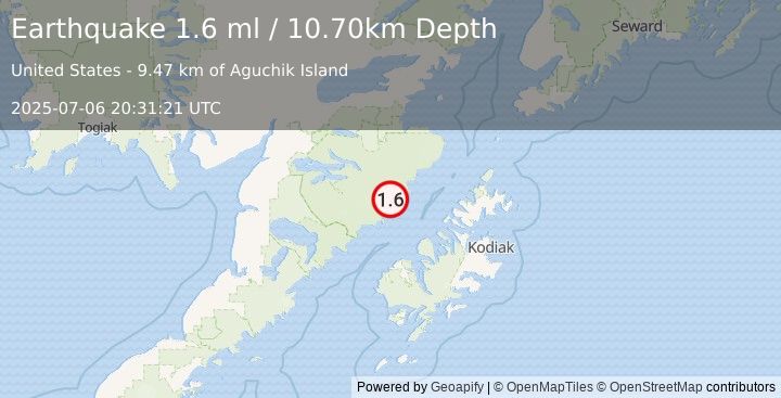 Earthquake 81 km N of Karluk, Alaska (1.6 ml) (2025-07-06 20:31:21 UTC)