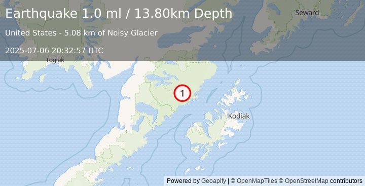 Earthquake 86 km NNW of Karluk, Alaska (1.0 ml) (2025-07-06 20:32:57 UTC)
