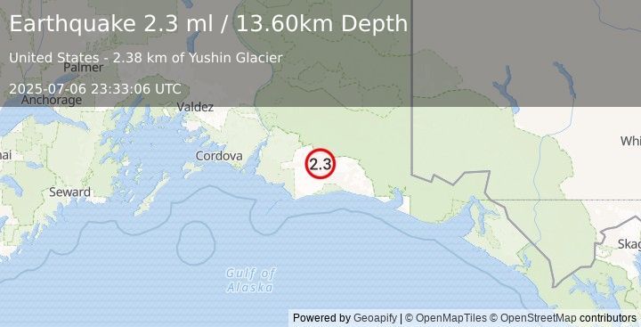 Earthquake 111 km S of McCarthy, Alaska (2.3 ml) (2025-07-06 23:33:06 UTC)