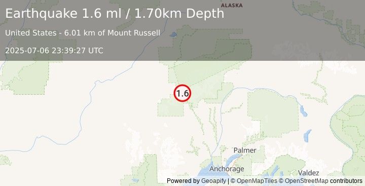 Earthquake 61 km WNW of Petersville, Alaska (1.6 ml) (2025-07-06 23:39:27 UTC)