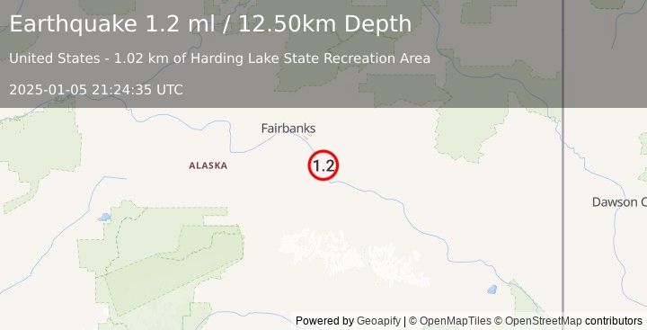 Earthquake 8 km SSE of Salcha, Alaska (1.2 ml) (2025-01-05 21:24:35 UTC)