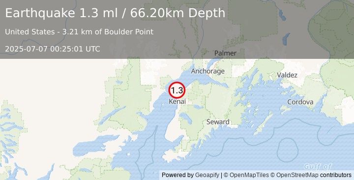 Earthquake 12 km N of Nikiski, Alaska (1.3 ml) (2025-07-07 00:25:01 UTC)