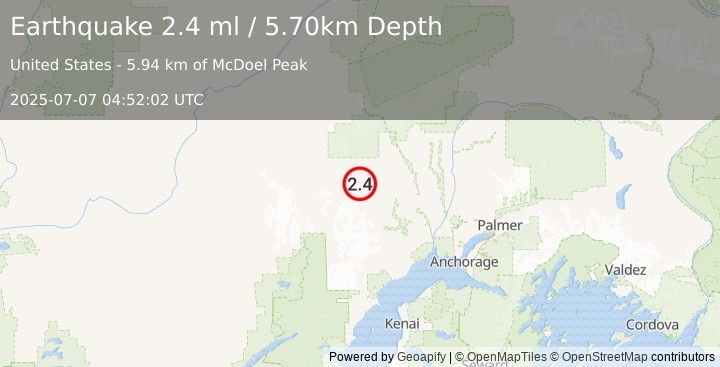 Earthquake 41 km W of Skwentna, Alaska (2.4 ml) (2025-07-07 04:52:02 UTC)