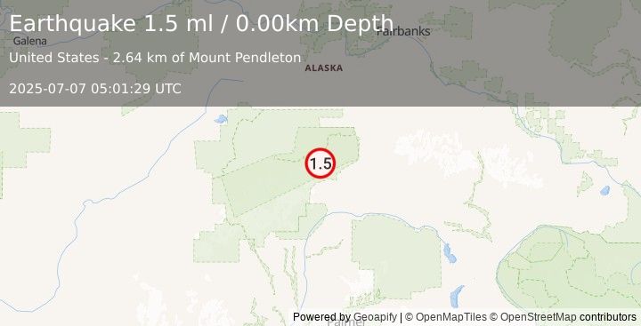 Earthquake 40 km W of Cantwell, Alaska (1.5 ml) (2025-07-07 05:01:29 UTC)