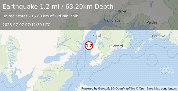 Earthquake 17 km WNW of Ninilchik, Alaska (1.2 ml) (2025-07-07 07:11:39 UTC)