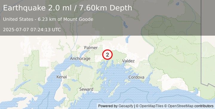 Earthquake 51 km SSW of Glacier View, Alaska (2.0 ml) (2025-07-07 07:24:13 UTC)