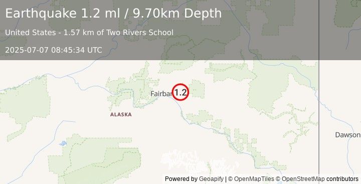 Earthquake 1 km WSW of Two Rivers, Alaska (1.2 ml) (2025-07-07 08:45:34 UTC)