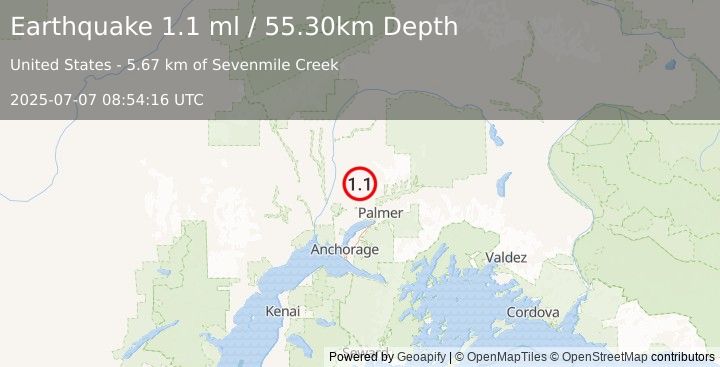 Earthquake 24 km NW of Fishhook, Alaska (1.1 ml) (2025-07-07 08:54:16 UTC)