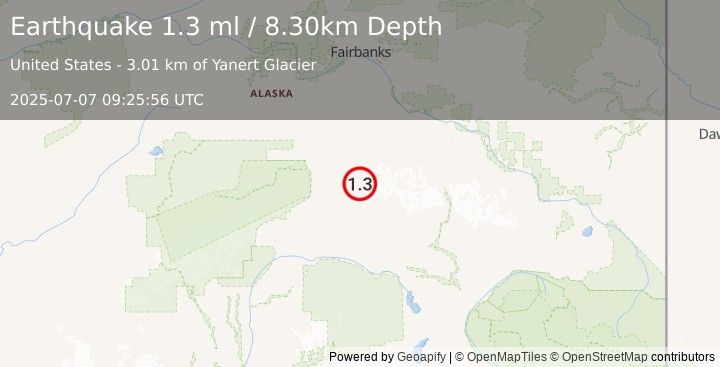Earthquake 61 km ESE of Denali Park, Alaska (1.3 ml) (2025-07-07 09:25:56 UTC)