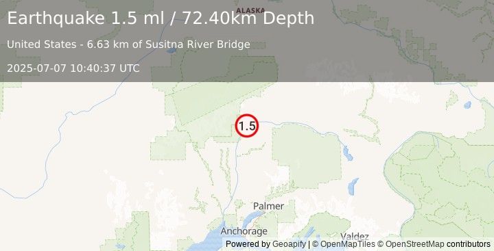 Earthquake 42 km NNE of Chase, Alaska (1.5 ml) (2025-07-07 10:40:37 UTC)