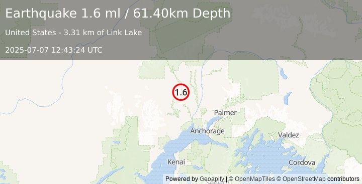 Earthquake 18 km E of Skwentna, Alaska (1.6 ml) (2025-07-07 12:43:24 UTC)