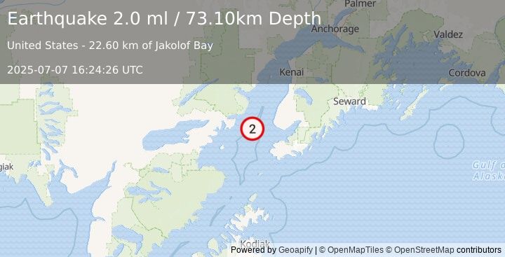 Earthquake 38 km WSW of Anchor Point, Alaska (2.0 ml) (2025-07-07 16:24:26 UTC)