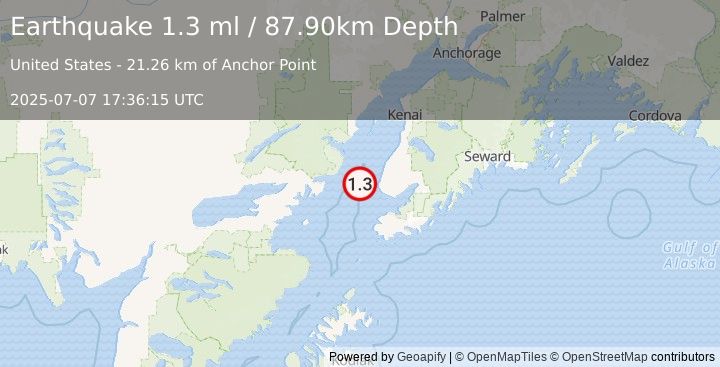 Earthquake 23 km W of Anchor Point, Alaska (1.3 ml) (2025-07-07 17:36:15 UTC)