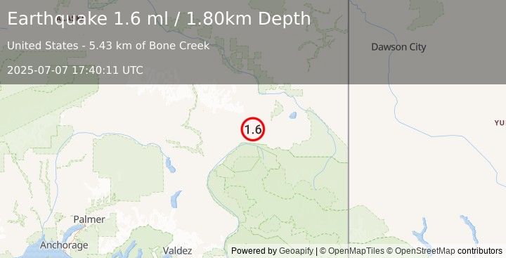 Earthquake 11 km W of Mentasta Lake, Alaska (1.6 ml) (2025-07-07 17:40:11 UTC)
