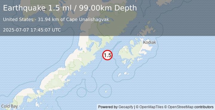 Earthquake 70 km WSW of Karluk, Alaska (1.5 ml) (2025-07-07 17:45:07 UTC)