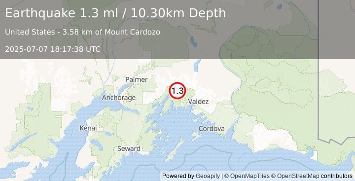 Earthquake 53 km SSE of Glacier View, Alaska (1.3 ml) (2025-07-07 18:17:38 UTC)