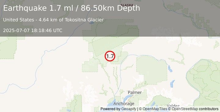 Earthquake 36 km N of Petersville, Alaska (1.7 ml) (2025-07-07 18:18:46 UTC)