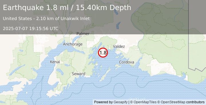 Earthquake 48 km W of Tatitlek, Alaska (1.8 ml) (2025-07-07 19:15:56 UTC)