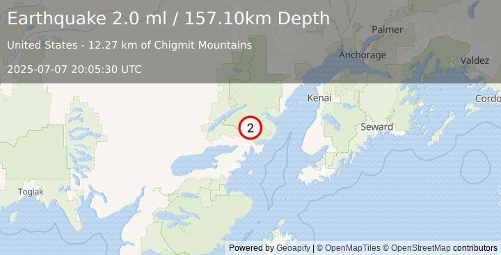 Earthquake 50 km NE of Pedro Bay, Alaska (2.0 ml) (2025-07-07 20:05:30 UTC)