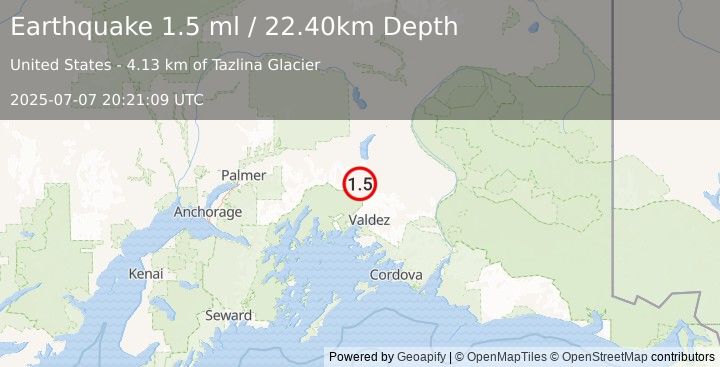 Earthquake 43 km NNW of Valdez, Alaska (1.5 ml) (2025-07-07 20:21:09 UTC)