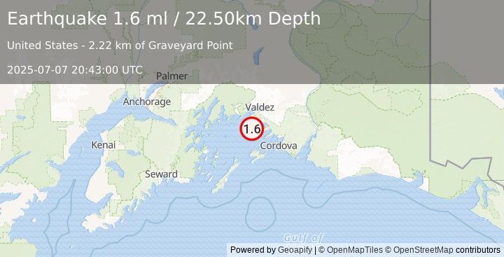 Earthquake 8 km SSE of Tatitlek, Alaska (1.6 ml) (2025-07-07 20:43:00 UTC)