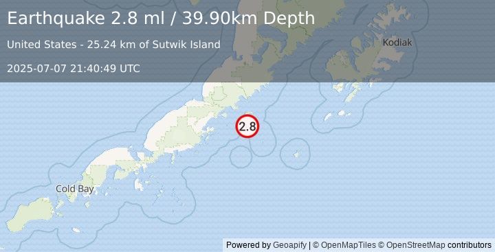 Earthquake 75 km E of Chignik, Alaska (2.8 ml) (2025-07-07 21:40:49 UTC)