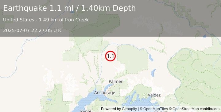 Earthquake 32 km E of Chase, Alaska (1.1 ml) (2025-07-07 22:27:05 UTC)