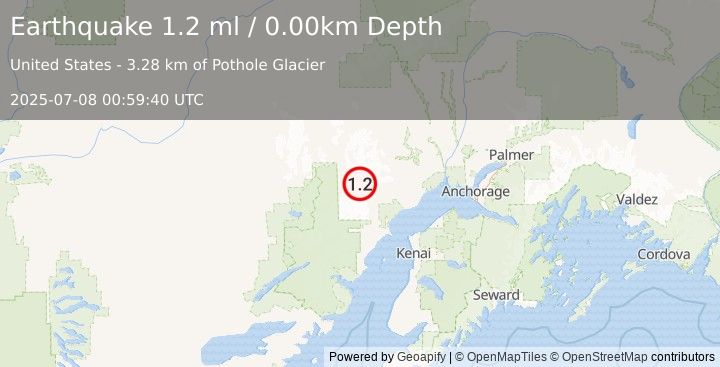 Earthquake 74 km WNW of Tyonek, Alaska (1.2 ml) (2025-07-08 00:59:40 UTC)