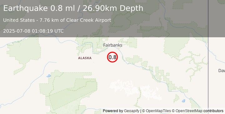 Earthquake 35 km SSW of North Pole, Alaska (0.8 ml) (2025-07-08 01:08:19 UTC)