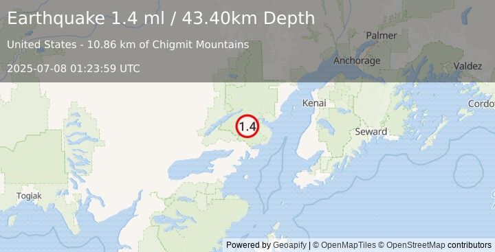 Earthquake 51 km E of Port Alsworth, Alaska (1.4 ml) (2025-07-08 01:23:59 UTC)