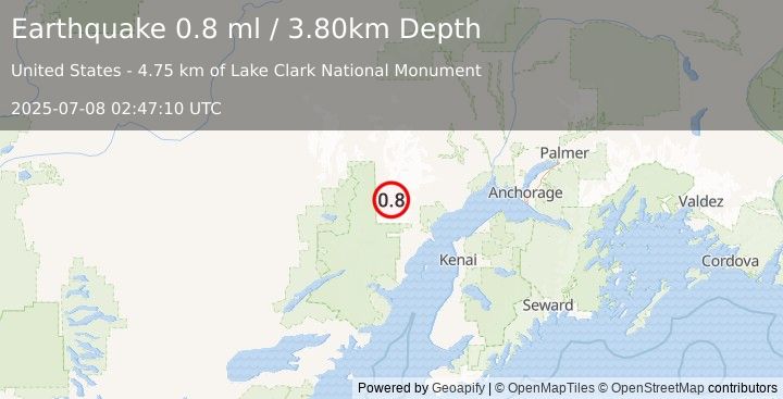 Earthquake 79 km W of Tyonek, Alaska (0.8 ml) (2025-07-08 02:47:10 UTC)